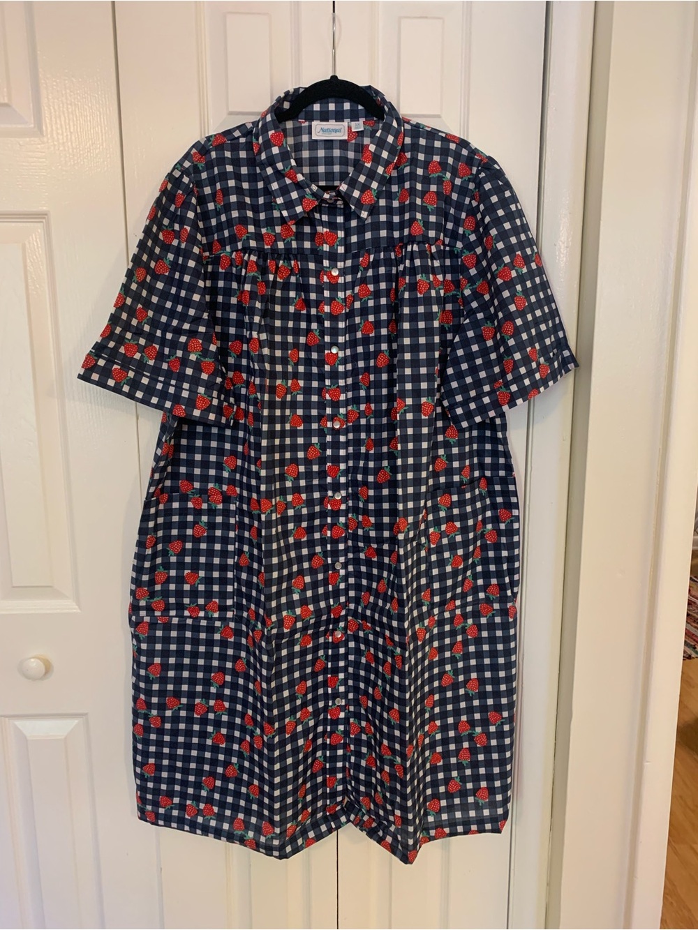 New Navy Gingham House Dress with Red Strawberry Print Button down